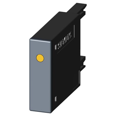 Siemens friløbsdiode med LED til DC 24-70V, størrelse S00, med en gul cirkel på den grå front.