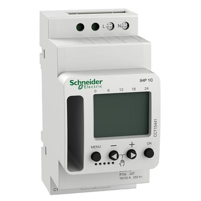 Schneider Electric digitalt kontaktur, 1 kanal, med 56 hukommelser, 230V AC, til DIN-skinne montering, med display og betjeningsknapper.