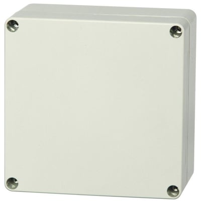 Produktfoto af en Fibox Euronorm II montagekasse i lysegrå ABS, med fire synlige skruer til låget.