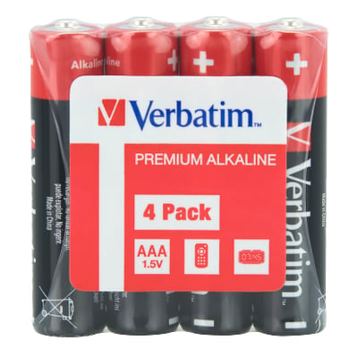 Verbatim alkaline-batterier i AAA-størrelse med 1,5 V vises samlet i rød og sort emballage.