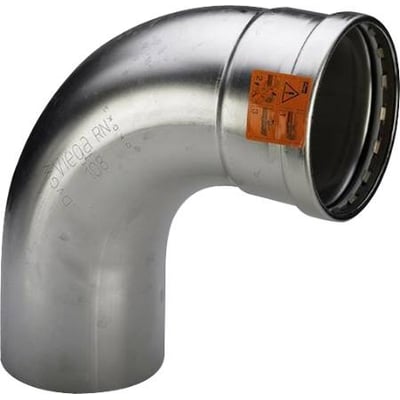 Viega Sanpress Inox XL bøjning 90° med 88,9 mm indstiksmuffer i rustfrit stål, med orange advarselsmærkat.