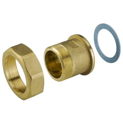 Danfoss gevindnippel med 1 1/2 x 2" gevind og DN40, vist som tre separate dele: en koblingsmøtrik, en nippel og en pakning.