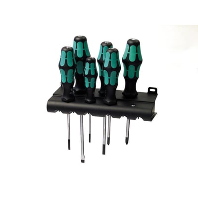 Wera skruetrækkersæt med 6 dele i Kraftform Plus design, fremstillet af grøn og sort plast, står i en holder.