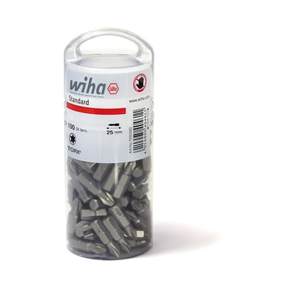 En klar plastboks indeholdende 100 stk. Wiha TORX T25 bits på 25 mm, vist med tydelig mærkning af brand og indhold.
