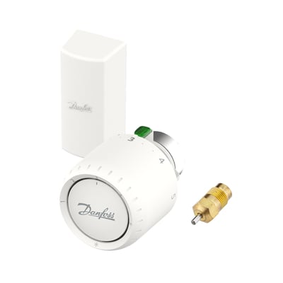 Danfoss Aveo servicetermostat i hvid med grøn drejeknap og fjernføler samt adapter til RA/VL ventil.