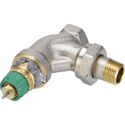 Danfoss RA-DV 15 vinkelløb radiatorventil i forniklet messing med grøn indstillingsskala og 1/2" gevind.