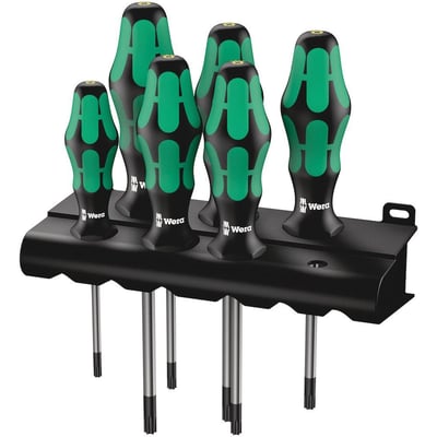 Wera 6-delt skruetrækkersæt 367/6 BO med Torx T10-40 og grønne/sorte ergonomiske Kraftform-greb på en sort holder.