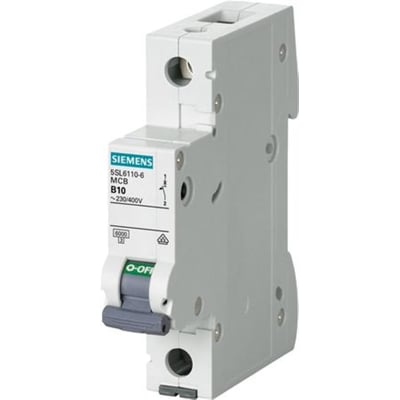 Siemens automatsikring 13A, 1P, C-karakteristik og 6kA brydeevne, hvid med gråt håndtag.