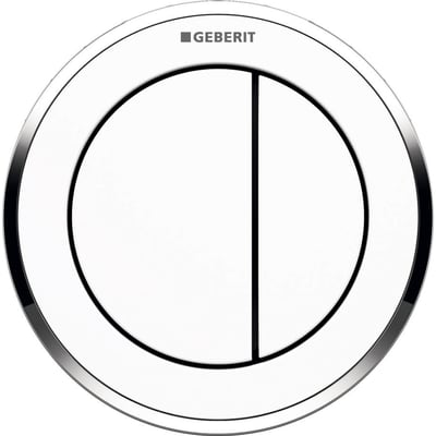 Geberit Omega Remote 10 trykplade i krom og hvid til dobbeltskyl, 94x94mm, med Geberit logo øverst.