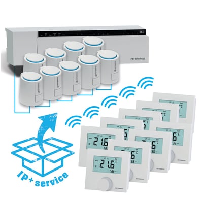 Pettinaroli trådløst styresystem med 9 hvide rumtermostater og 9 telestater samlet klar til brug.