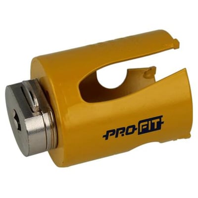 Gul Pro-Fit Multi Purpose HM-hullsag med adapter på 55 mm, sett skrått med metalladapteren synlig.