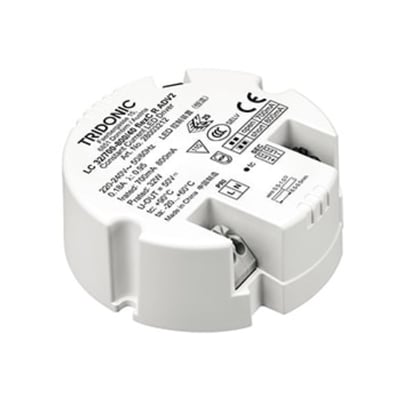 Tridonic rund LED-driver LC 32W med variabel udgangsstrøm på 700-800mA og 32W maksimal effekt.