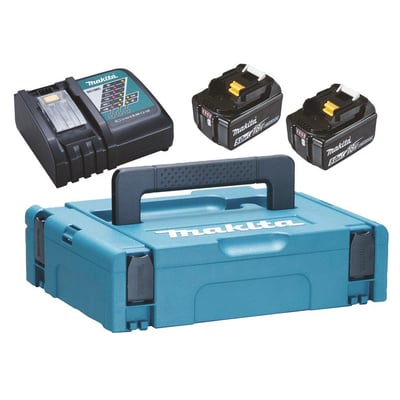 Oversigtsbillede af Makita batterisæt: to BL1850B 5,0Ah 18V batterier, DC18RC lynlader og blå MAKPAC STR. 2 kuffert.