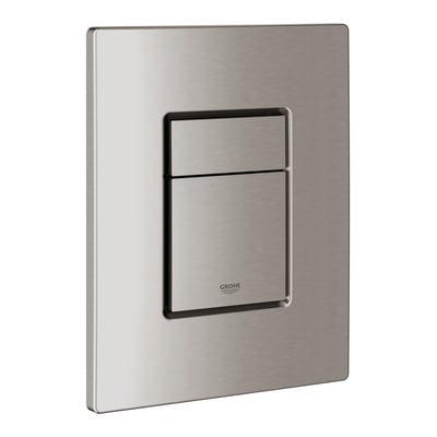 Grohe Skate Cosmopolitan betjeningsplade i stål, 156 x 197 mm, med dobbelt skyl og start/stop funktion på hvid baggrund.