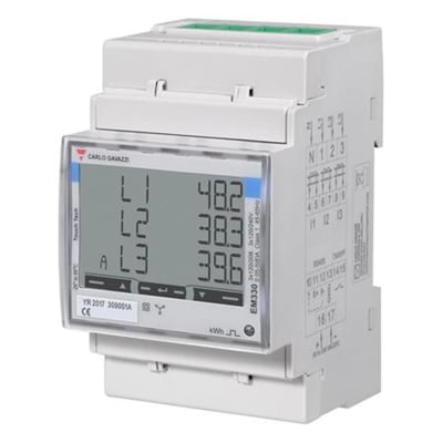 Carlo Gavazzi 3-faset elmåler med M-bus, touch-knapper og baggrundsbelyst LCD-display, monteret på DIN-skinne.