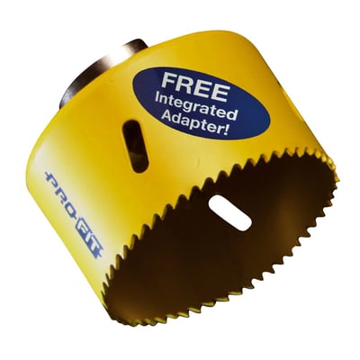 PRO-FIT Pro Cobalt hulsav med integreret adapter, 57 mm diameter, gul med savtænder og et blåt mærkat der angiver 'FREE Integrated Adapter!'.
