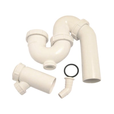 Adskilte dele af Viega universal vandlås i hvid PP, viser vandlåsens krop, afløbsrør og diverse tilslutninger.