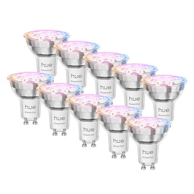 Ti Philips Hue Essential GU10 LED-pærer med Color & White ambiance, arrangeret i to rækker på hvid baggrund.