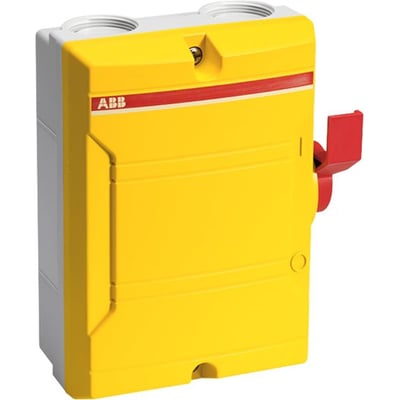 ABB sikkerhedsafbryder BWS325YTPN, 25A 3-pol, med M32+M16 forskruninger og sidebetjent gul betjeningsarm på hvid baggrund.
