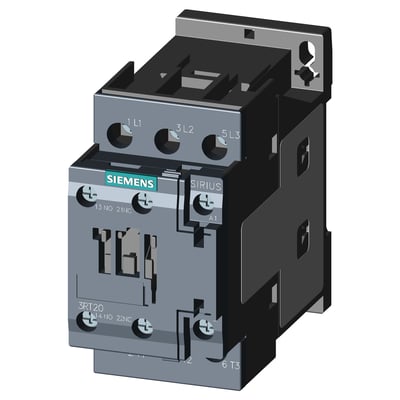 Siemens Sirius kontaktor 3RT20 til 7.5KW/400V AC og 230V AC spolespænding i grå og sort plast.