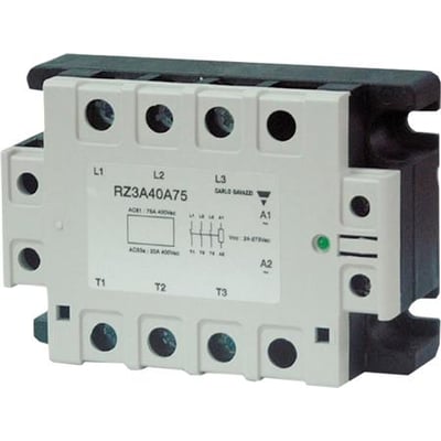 Carlo Gavazzi 3-polet relæ med Zero Switching teknologi, model RZ3A40A75, 3x600V/3x55AAC kapacitet og 24-275 VAC/24-50 VDC indgang.