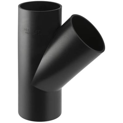 Geberit PEH grenrør med 45 graders vinkel, Ø 110 mm til Ø 56 mm, fremstillet i sort PEH-materiale.