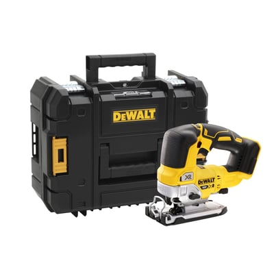 DeWalt 18V XR kulfri stiksav med bøjlehåndtag og TSTAK II kuffert, vist isoleret på hvid baggrund.