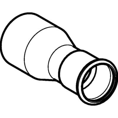 Lineartegning af Geberit Mapress reduktion med nippelende og muffe til 108 mm og 76,1 mm rør, fremstillet af stål.