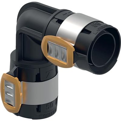 Sort Geberit FlowFit 90° bøjning til 50 mm rør i PPSU-materiale med orange detaljer og sølvfarvede spændebånd.