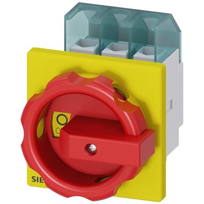 Siemens SENTRON 3LD2-nødstoppbryter med rød dreieknapp, gul frontplate og synlige tilkoblinger.