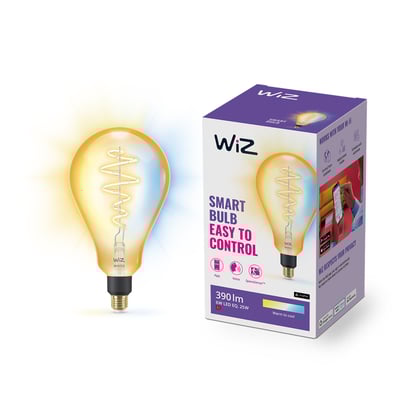 WiZ E27 LED Amber Filament dråbepære i fuld størrelse ved siden af dens lilla og hvide WiZ smart-pære emballage.