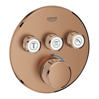 Grohtherm SmartControl termostat i børstet kobber med tre runde trykknapper til forskellige funktioner og et stort drejehjul til temperaturkontrol.