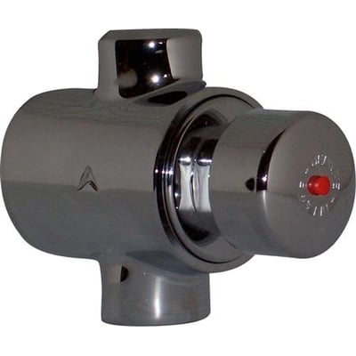 CMA tempostop bruseventil i forkromet messing med synlig rød knap for aktivering og 1/2" tilslutning.