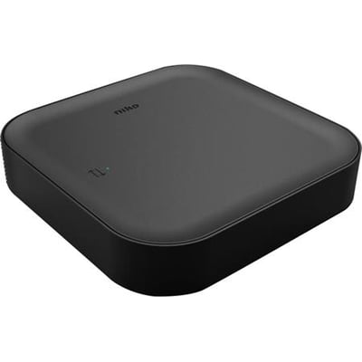 Niko Home Control trådløs smart-hub i sort, vist fra oven med mærket synligt og en grøn LED-indikator.