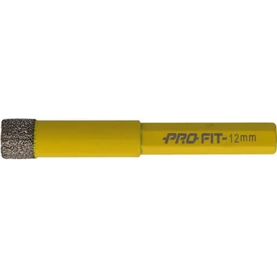 PRO-FIT diamantbor i gul farve med 12mm diameter og grov diamantbelægning for effektiv boring.