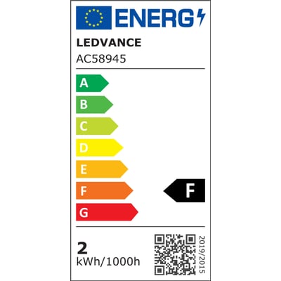 Energimærke for Ledvance lyskilde med energiklasse F, 2 kWh/1000h og QR-kode.