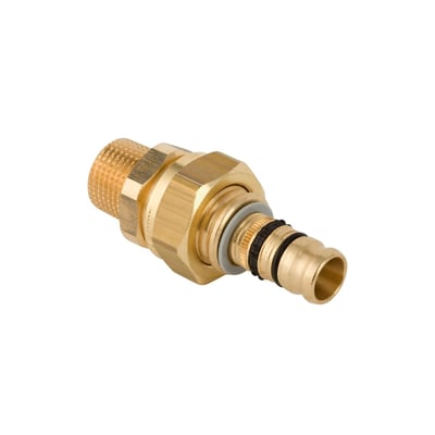 Geberit Mepla union med nippel, messing, 50mm diameter og 1 1/2" udvendigt gevind på hvid baggrund.