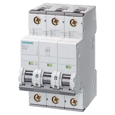 Siemens 3-pole automatsikring, 20A, 400V, 6kA med C-karakteristik og skrueterminaler.