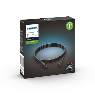 Philips Hue Outdoor forlængerkabel på 2,5 meter i sort, vist i sin emballage med 'Low voltage' mærkat.