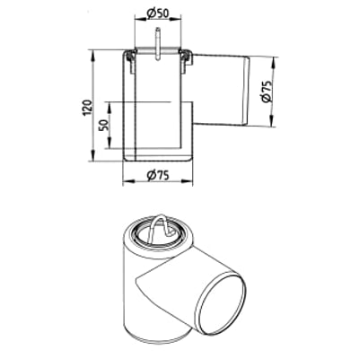 Teknisk tegning af Blücher rendeudløb med vandlås, viser dimensioner som 75 mm diameter og 120 mm højde.