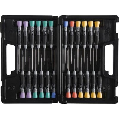 Bahco elektronik skruetrækkersæt med 24 dele i en sort plastikkuffert, med farvekodede håndtag for nem identifikation af kærvtype.