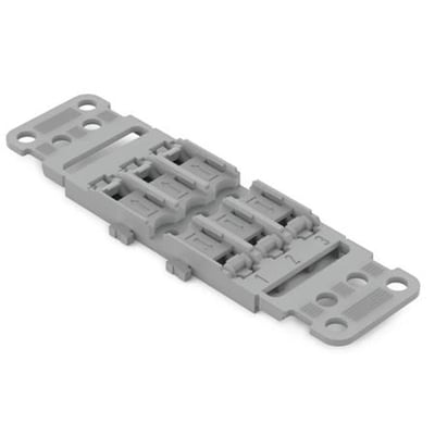 Wago 3-vejs monteringsholder til samlemuffer med vippepal i grå plast, designet til skruemontering.