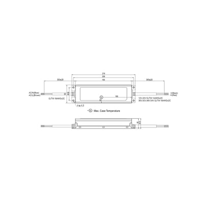 Teknisk tegning af Mean Well ELG-150-12 LED-driver med dimensioner og tilslutningsdetaljer for input og output.