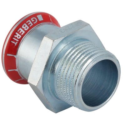 Nærbillede af Geberit Mapress FZ overgang, der viser 22 mm presmuffe og 1/2" gevind, fremstillet af el-forzinket stål.