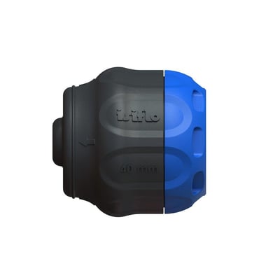 Isiflo Sprint slutmuffe i komposit med 50mm dimension og PN16 tryk, i sort og blå farver.