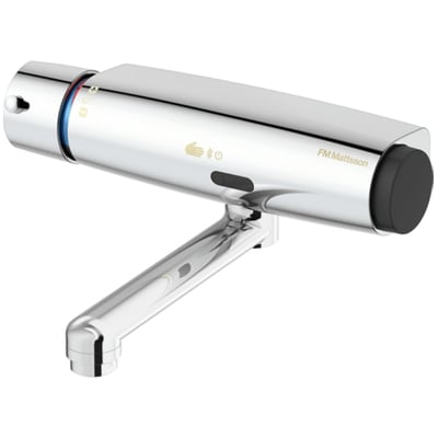 FM Mattsson Tronic håndvaskarmatur WMS 150 i krom, væghængt model med sensor og udtrækstyd.