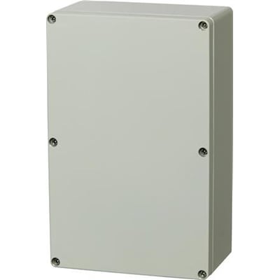 Fibox Euronorm II monteringskasse i RAL 7035 lysegrå polycarbonat, måler 160 x 250mm med synlige skruer til montering.