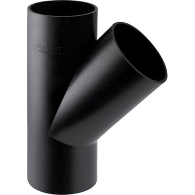 Svart Geberit PEH-grenrør med 45° sidegren, vist skrått forfra; for avløp med dimensjonene 75 x 40 mm.