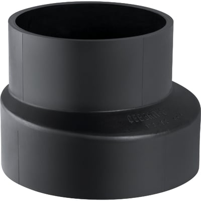 Geberit reduktion 75 x 56 mm, sort PEH, med synligt Geberit logo og dimensioner på den brede ende.