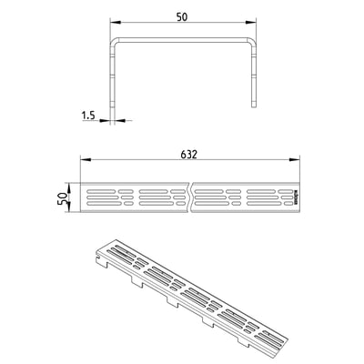 Teknisk tegning af Blücher Line Detroit rist, viser dimensioner 50 x 632 mm i rustfrit stål.